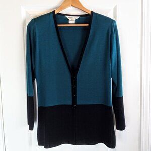 Misook Petite Teal Blue Black Knit Cardigan